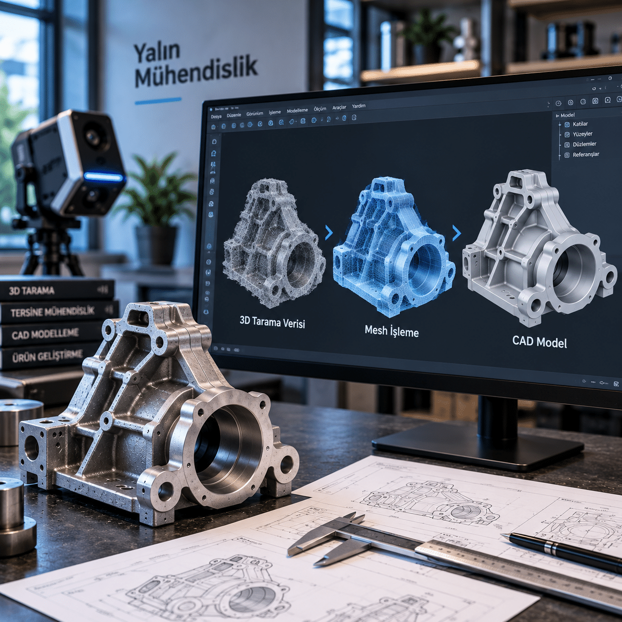 TERSİNE MÜHENDİSLİK UZMANLIK 2 Tersine mühendislik, 3D tarama, CAD modelleme, 3D Ölçüm ve Raporlama ve 3D baskı ile yeniden üretilen endüstriyel parça - Yalın Mühendislik